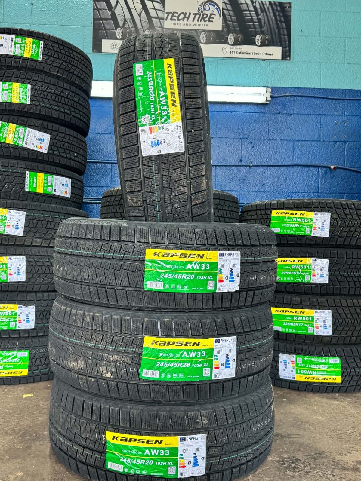 A set of Kapsen SnowShoes AW33 winter tires in 245/45R20 at Techtire, Ottawa