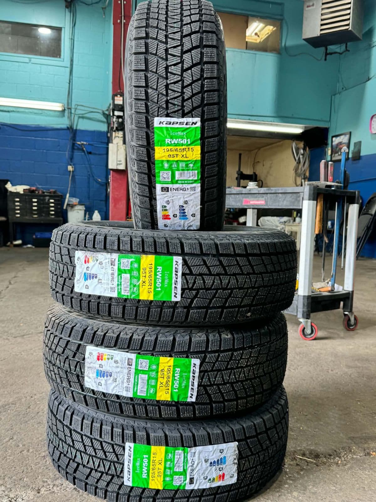 A set of Kapsen IceMax RW501 winter tires in 195/65R15 at Techtire, Ottawa