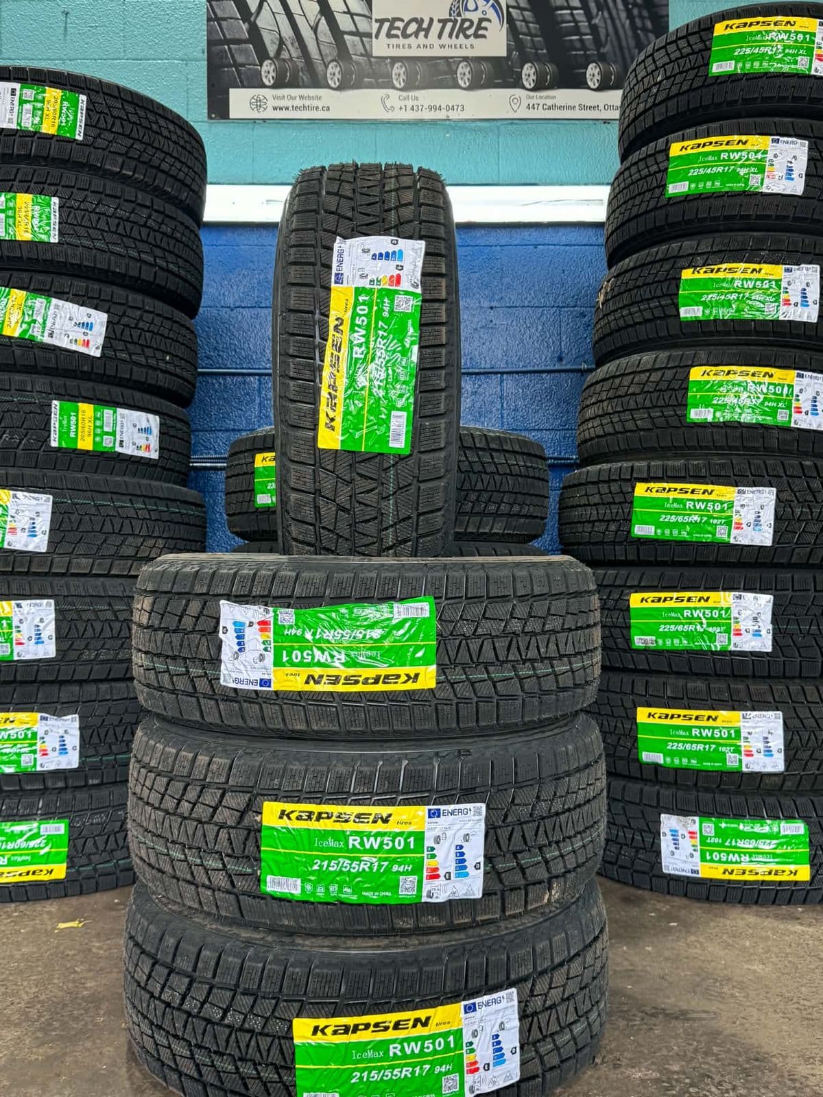 A set of Kapsen IceMax RW501 winter tires in 215/55R17 at Techtire, Ottawa