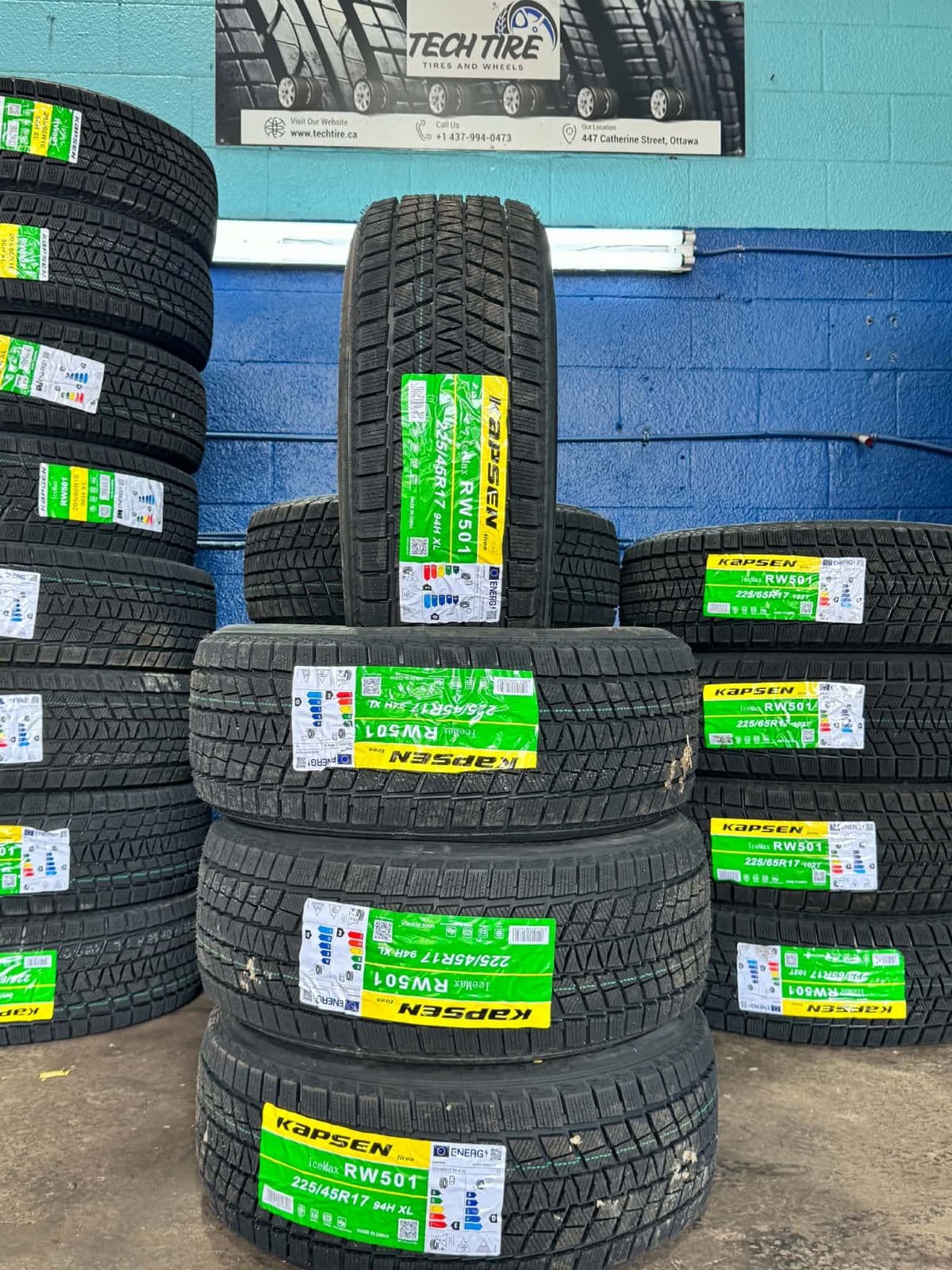 A set of Kapsen IceMax RW501 winter tires in 225/45R17 at Techtire, Ottawa